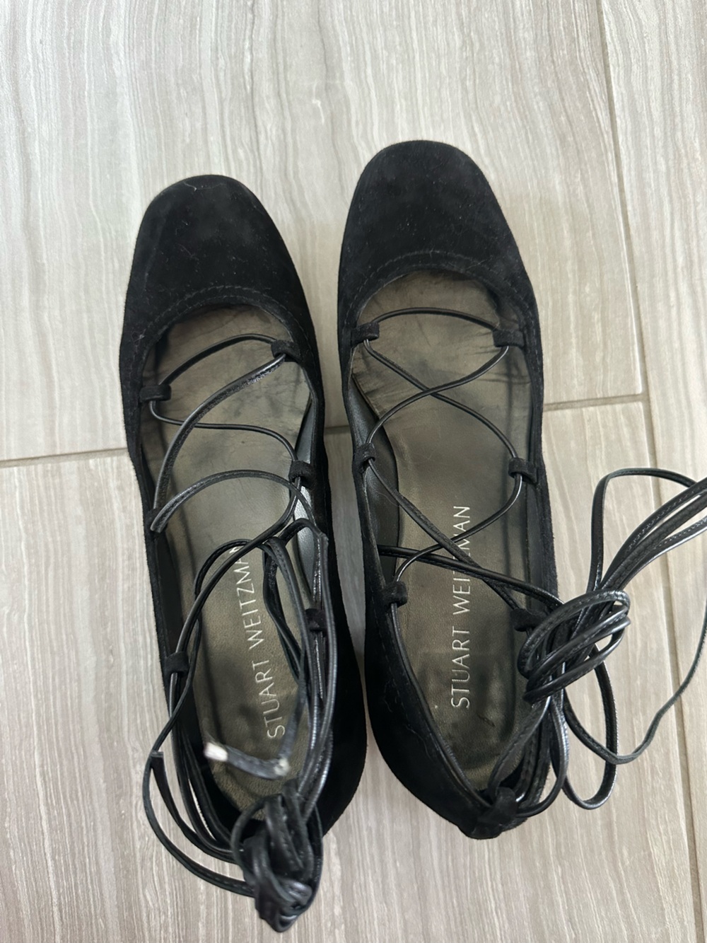 Stuart Weitzman Black Suede Lace-Up Pointed Flats